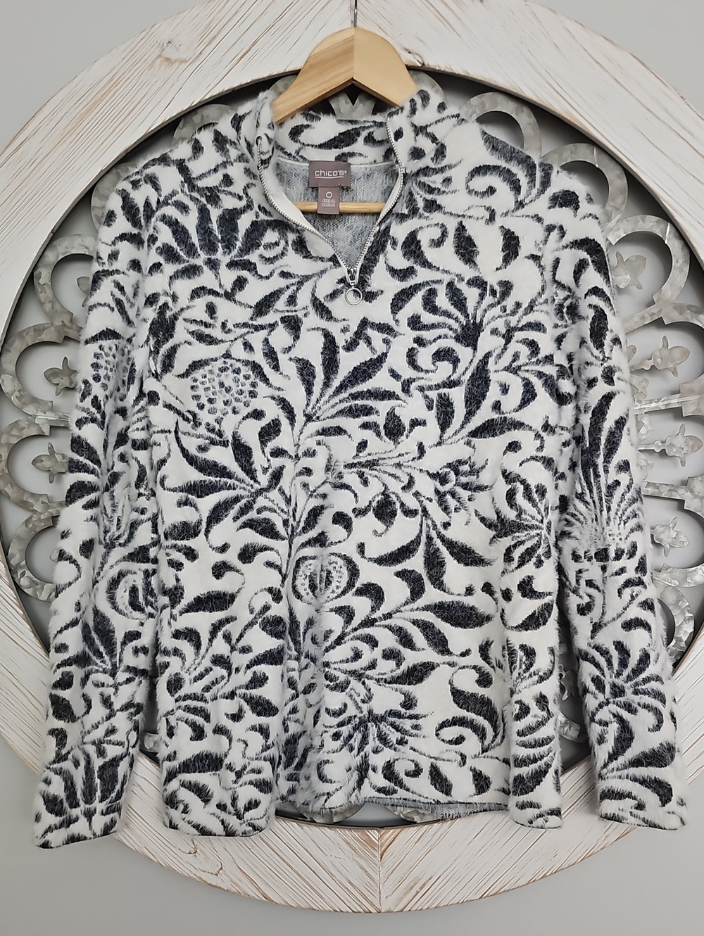 Chico's Black & White Floral Zip-Up Sweater